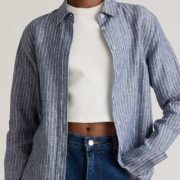 Quince Tops - Quince Blue 100% euro linen chambray striped button up blouse women's Large NWT